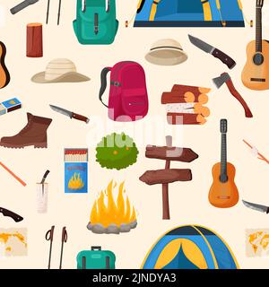 Camping and hiking seamless pattern. Summer camp travel tools collection for survival in wild, tent, backpack, map, axe, campfire and other camping eq Stock Vector