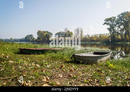 Wooden boats pulled to the shore of the National Park - Sodros in autumn. Stock Photo