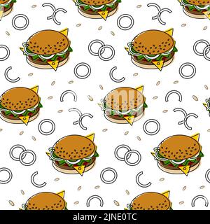Seamless pattern from hamburgers with cheese, sesame and onion rings on a transparent background. Street food. Lifestyle. Happy Food Day. Isolate. Fashion food print design. Stock Vector
