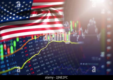Chart of price fluctuations on the background of the American flag. Changing the values of us stock indexes. Illustration of business and financial mo Stock Photo