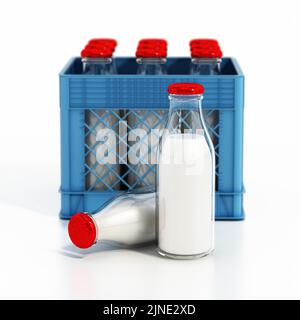 Milk bottles inside plastic crate. 3D illustration. Stock Photo