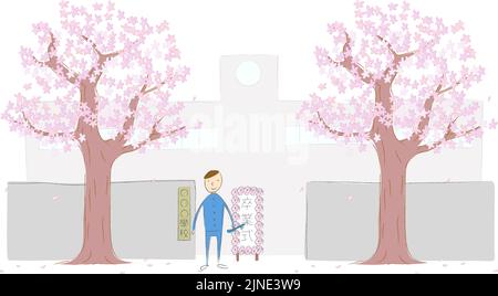 Cherry tree, school front gate and boys Stock Vector