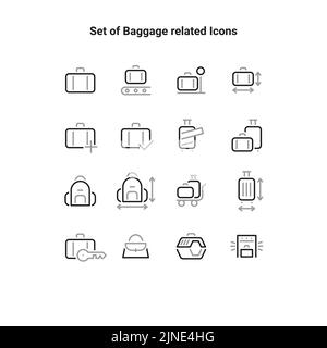 Simple set of vector line icons related to with bags, suitcases, backpacks. Luggage related icons collection. Stock Vector