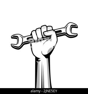 Hand holding wrench vector illustration in black color Stock Vector