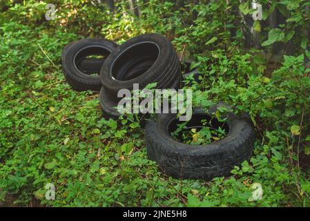 Illegal dumping of tyres in the countryside. The concept of environmental pollution. Stock Photo