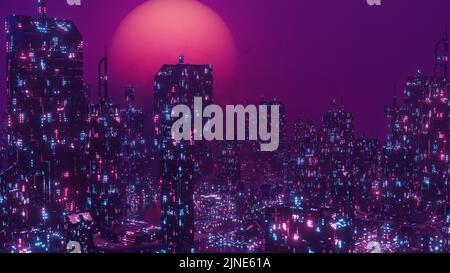 Futuristic City Neon Skyscraper Cyber Punk City Concept Background 3d Render Stock Photo