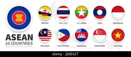 ASEAN . Association of Southeast Asian Nations and membership flags . Flat simple circle design with white frame . South east asia map on background . Stock Vector