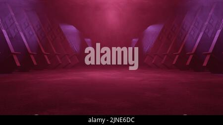 Celestial Alien Neon Lights Grunge Sci Fi Stage Laser Showroom Tunnel Corridor Underground Garage Car Room Cement Asphalt Concrete Mysterious Maroon B Stock Photo