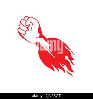 Strong fist hand with burning fire. Power and authority conceptual logo Stock Vector