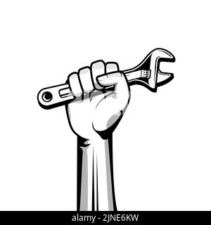 Hand holding wrench vector illustration in black color Stock Vector