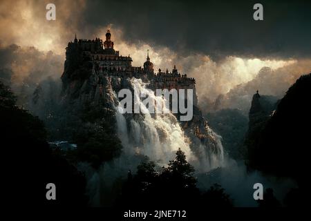 Dark fantasy painting of a castle on top of a mountain above a ...