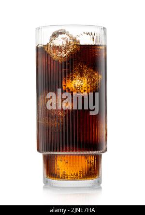 Glass of cola soft drink with ice cubes and bubbles on white. Stock Photo