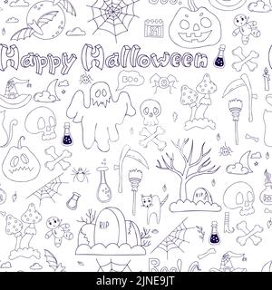 Seamless pattern Happy Halloween. Linear hand drawn doodles pumpkin Jack, ghost, grave, skull with crossbones and full moon with bats, scythe and broo Stock Vector