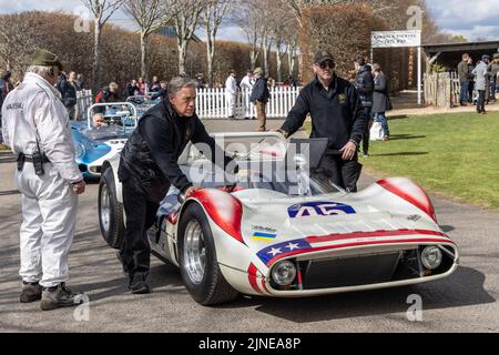 1962 McKee-Chevrolet 'Mahrya' is rolled through the paddock prior to the Surtees Trophy race at the Goodwood 79th Members Meeting, Sussex, UK. Stock Photo