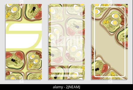 Set of vertical postcards, flyers with sandwich with spicy Mexican sauce, avocado, tomatoes and olives. Template element for design. Vector Stock Vector