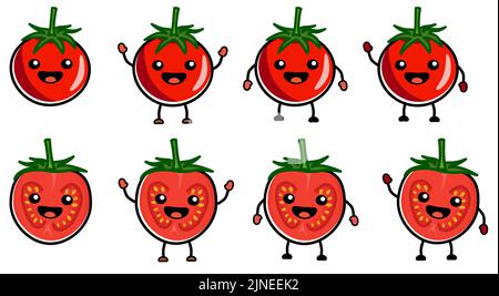 Cute kawaii style tomato icon, whole or halved. Version with hands raised, down and waving. Stock Vector