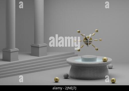 Beautiful abstract illustrations Yuan symbol icon on a fountain and column background. 3d rendering illustration. Stock Photo