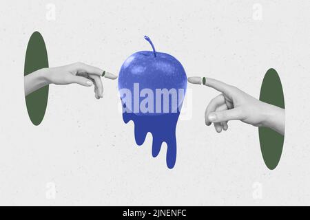 Composite collage picture of two human hands black white gamma point touch finger drawing apple isolated on creative background Stock Photo