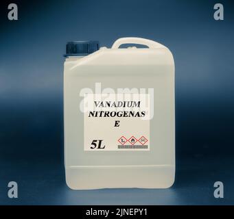 Biofuel in chemical lab in glass bottle Vanadium Nitrogenase Stock Photo