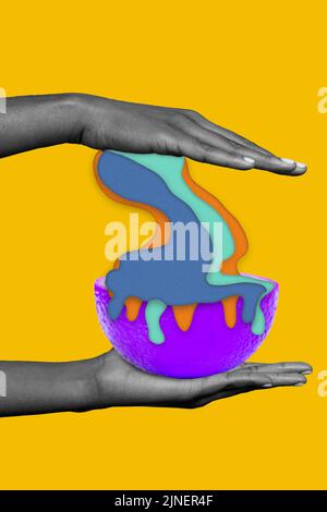 Vertical composite collage illustration of human arms palms black white effect hold half violet orange paint flow isolated on yellow baackgorund Stock Photo