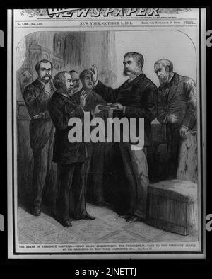 The death of President Garfield-Judge Brady administering the Presidential oath to Vice-President Arthur, at his residence in New York, September 20th Stock Photo