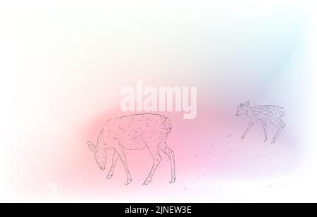 Realistic animal illustrations: iridescent background: landscape with deer parents Stock Vector