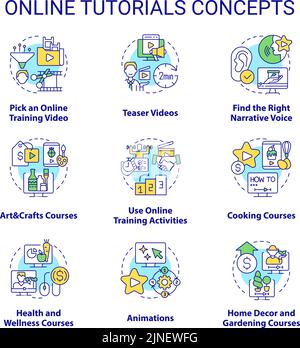 Online tutorials concept icons set Stock Vector