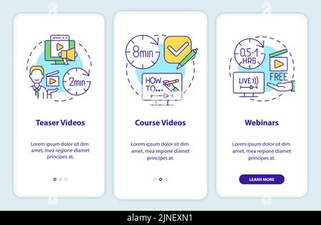 Online tutorials types onboarding mobile app screen Stock Vector