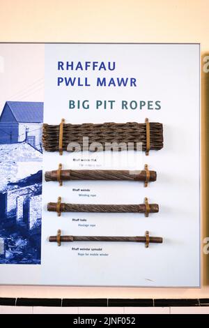 A display that shows the various types of Big Pit steel cable rope designs used at the mine. At the Big Pit National Coal Museum in Pontypool, Wales, Stock Photo