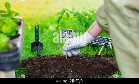 Cropped view of gardener putting board with go green lettering in soil near tools and plants in garden,stock image Stock Photo