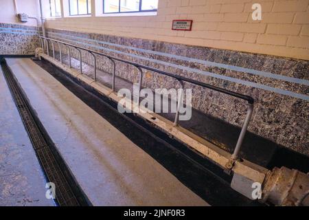 A long boot washing station for the miners to use before entering the locker, changing area. At the Big Pit National Coal Museum in Pontypool, Wales, Stock Photo