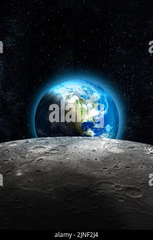 Close Planet Earth seen from the Moon, dark starry space sky background. Some image elements provided by NASA. Stock Photo