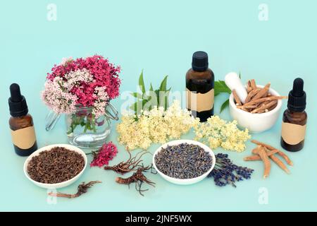 Herbal flower remedy plant medicine preparation for naturopathic healing with valerian root, lavender, elderflower and ashwagandha. For natural altern Stock Photo