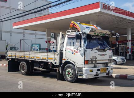 SAMUT PRAKAN, THAILAND, MAY 12 2022, An empty truck is parked in front of a gas station Stock Photo