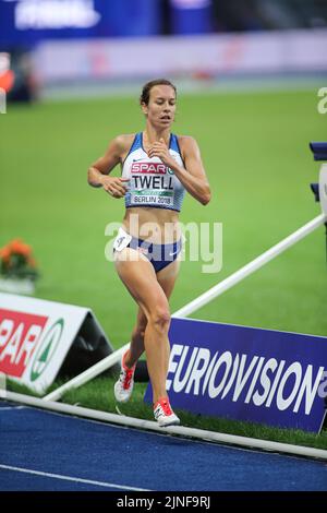Stephanie Twell running 5000 meters at the European Athletics Championships in Berlin 2018. Stock Photo