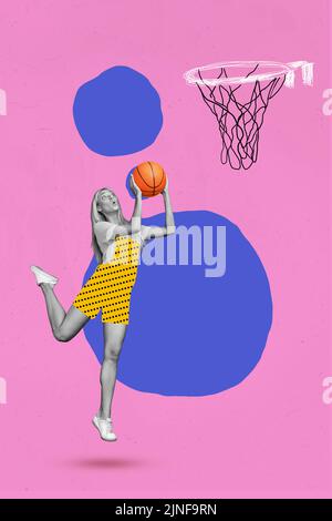 Vertical collage picture of excited girl black white colors hands throw basketball isolated on pink drawing background Stock Photo