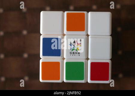 Rubik's cube on the black background. Rubik's Cube invented by a Hungarian architect Erno Rubik in 1974. Stock Photo