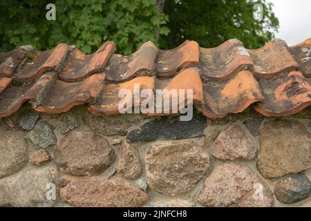 Stone fence in the park of ancient castle Stock Photo