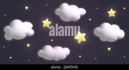 Starry space sky. Cartoon glowing 3d stars and white clouds in night sky. 3d rendering. Cute horizontal background for poster, banner, presentation. G Stock Vector