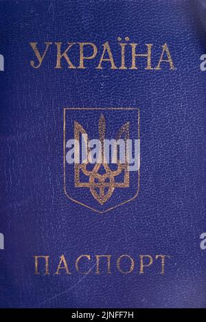 Translation: ukraine passport close-up of an old passport of a citizen. Stock Photo