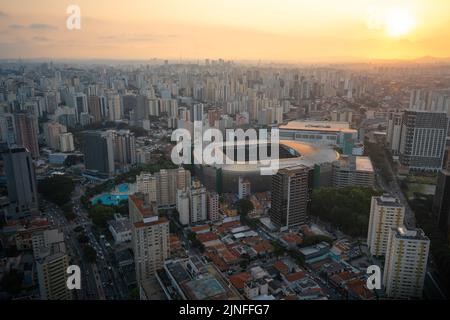 Aerial view of Allianz Parque Soccer Stadium of Palmeiras Football Club at Sunset - Sao Paulo, Brazil Stock Photo