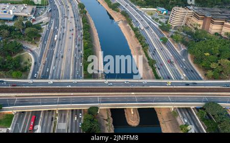Marginal Tiete Highway, Tiete River and Cruzeiro do Sul Bridge aerial view - Sao Paulo, Brazil Stock Photo