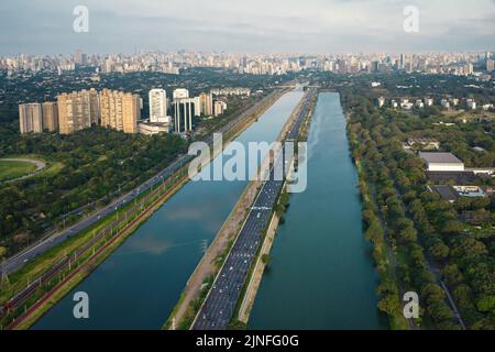 Aerial View of Pinheiros River, USP Olympic Lane and Engenheiro Billings Avenue - Sao Paulo, Brazil Stock Photo