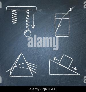 Physics icon set on chalkboard. Elastic force, frictional force, refraction and dispersion of light symbols. Vector illustration. Stock Vector