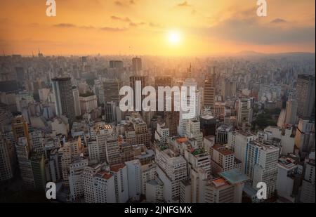 Aerial view of Sao Paulo Historic City Center at sunset with Altino Arantes Building (former Banespa, now Farol Santander) - Sao Paulo, Brazil Stock Photo