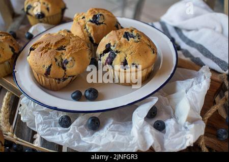 Homemade blueberry muffins on a old fashioned enamel plate Stock Photo