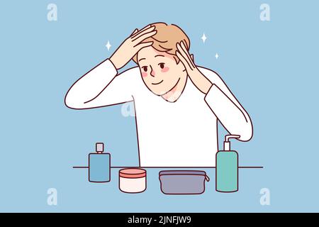 Young man looking in mirror take care of face and hair. Male metrosexual do beauty morning routine. Cosmetology and hygiene. Vector illustration.  Stock Vector
