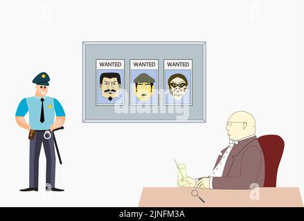 Detective shawing police officer portraits of wanted criminals Stock Vector