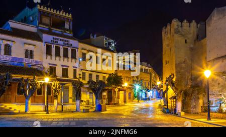 Chefchaouen, Morocco - 16 January 2022 : Streets of Chefchaouen city behind the Kasba, by night in Morocco Stock Photo