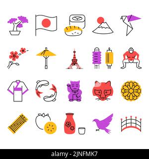 Japan icon set in colored line style. Japanese national symbols. Vector ...